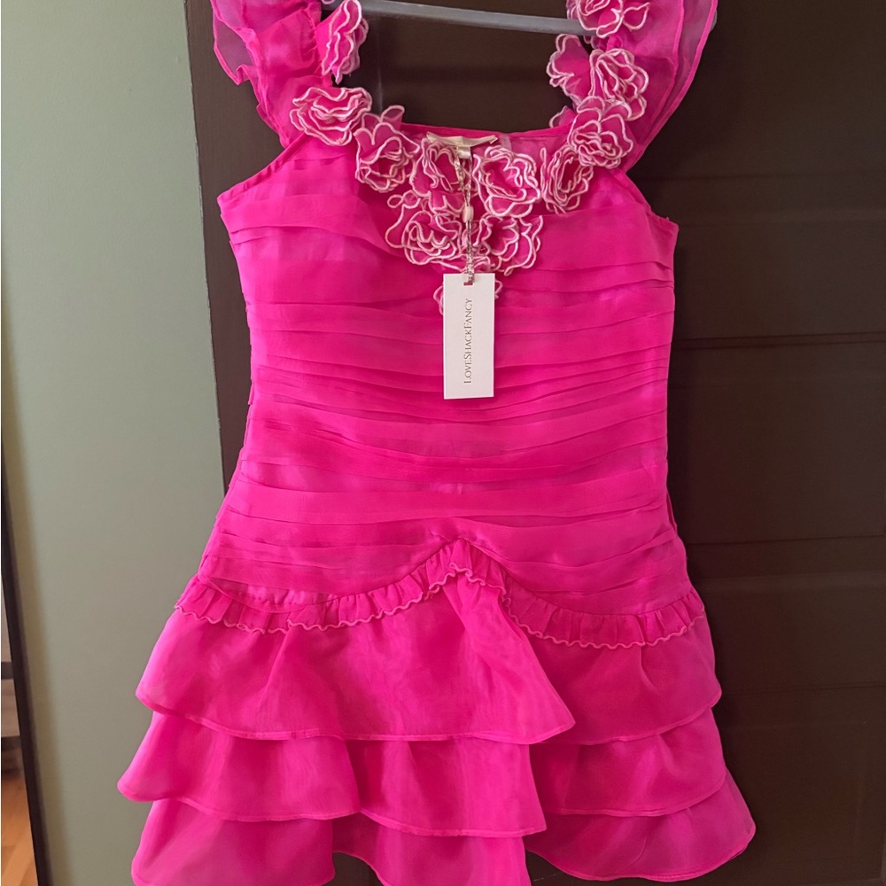 LoveShackFancy Hot Pink Ruffled Mini Dress